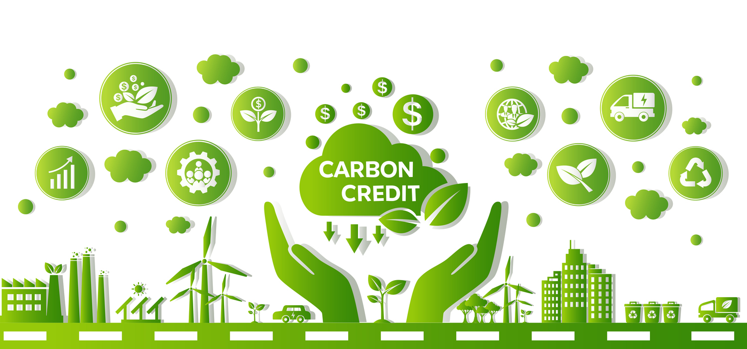 The concept of carbon credit with icons. Tradable certificate to drive industry and company to the direction of low emissions and carbon offset solution. Green vector illustration template.