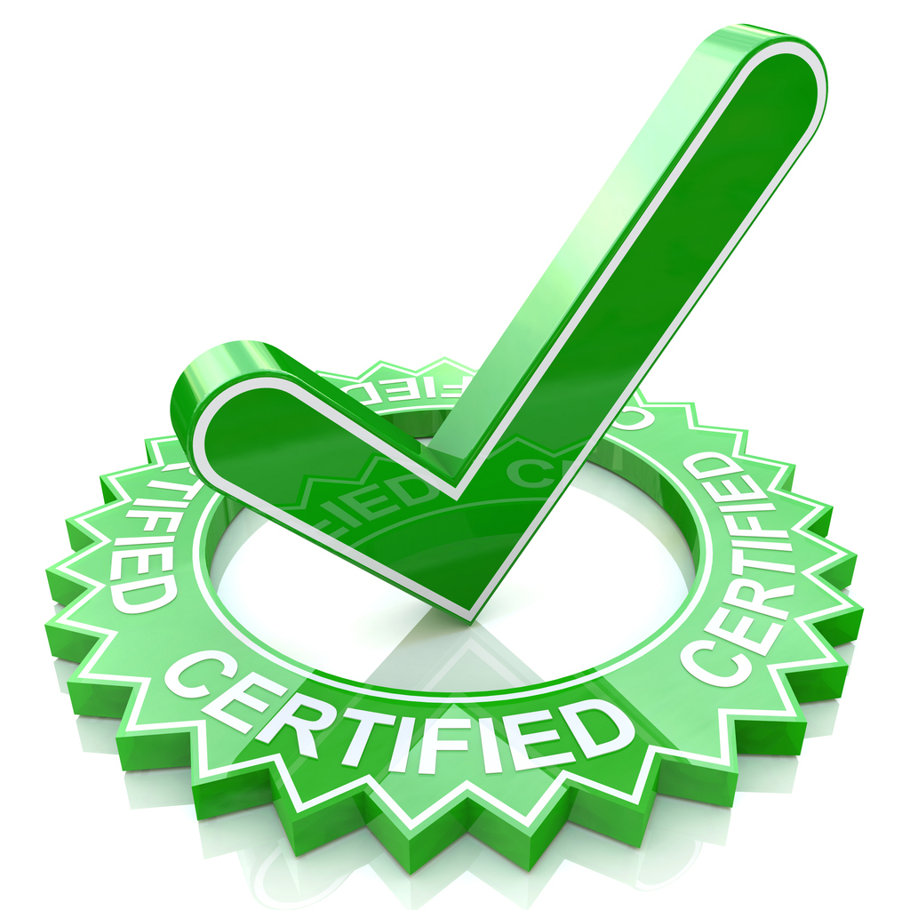 Green label with 3D text and check mark. Certified