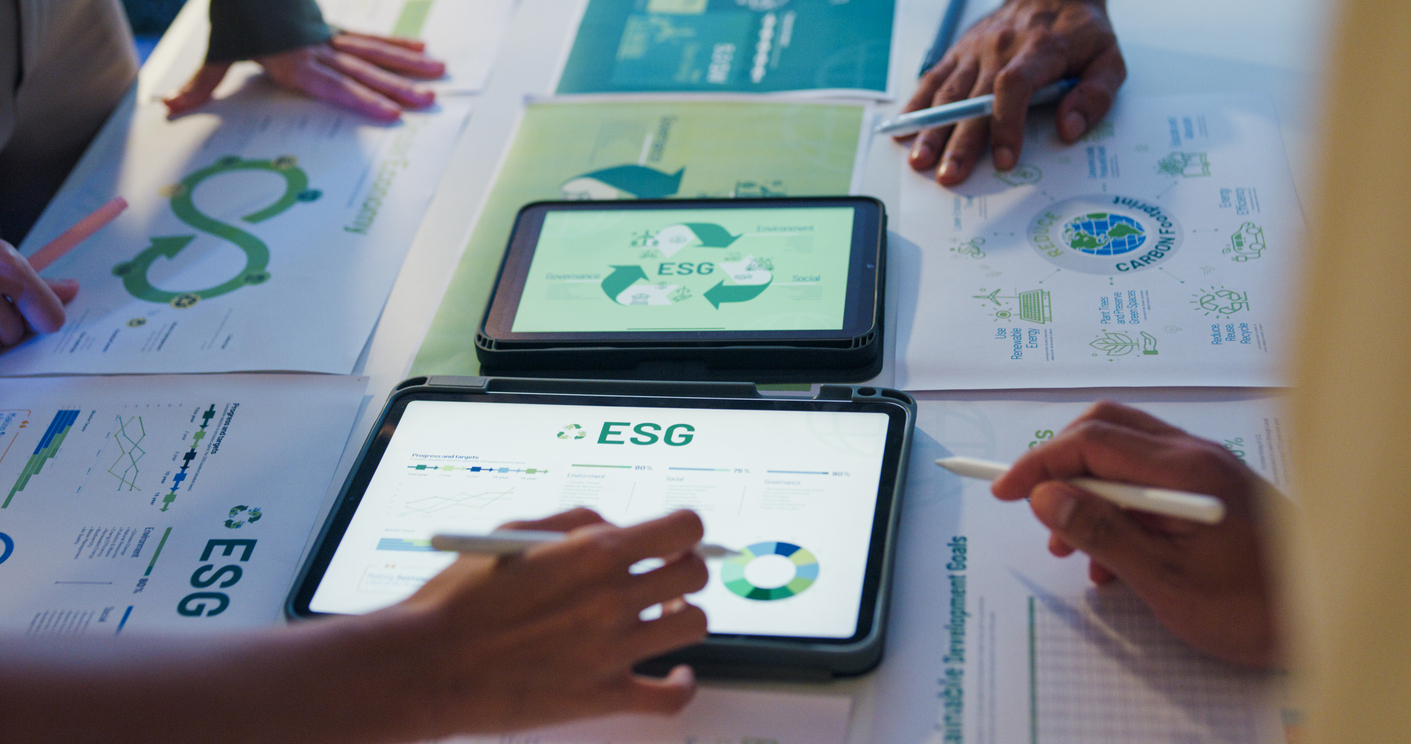 Closeup group businesspeople talk ESG strategies risk management workshop night, SDGs, global warming, green finance and investment and net zero waste lifestyle in boardroom training building.