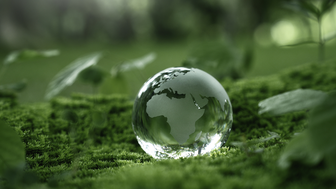 Crystal globe glass on green moss in forest to protect nature Save and care World for sustainable. concept of the environment ecology and Earth Day. eco environment and ESG concept.